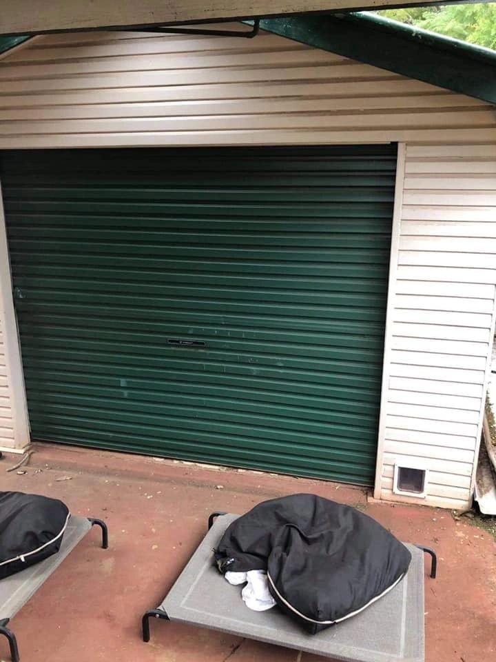 Green garage door with pet beds outside